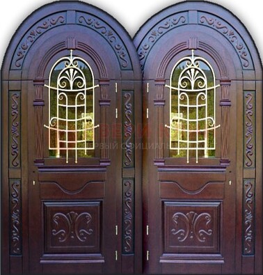 Индивидуальная арочная дверь со стеклом и ковкой ДА-19 в Рязани
