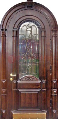 Арочная металлическая дверь массив со стеклом и ковкой ДА-50 в Рязани