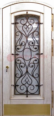 Железная дверь Винорит в форме арки со стеклом и ковкой ДА-53 в Рязани