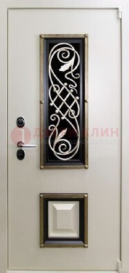Белая стальная дверь с ковкой со стеклопакетом и МДФ ДК-30 в Рязани