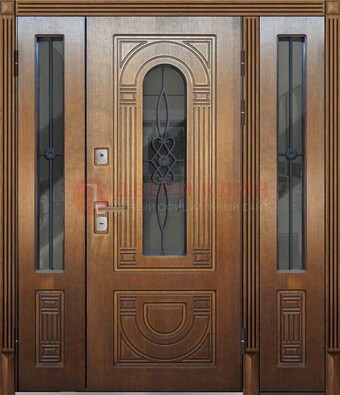 Коричневая стальная парадная дверь с фрамугой ДПР-84 в Рязани