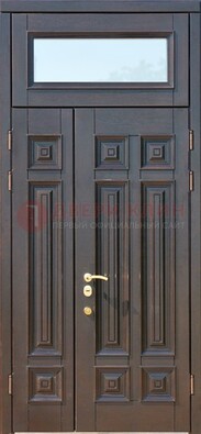 Коричневая двухстворчатая металлическая дверь со стеклом ДС-62 в Рязани