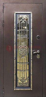 Железная дверь цвета медный антик со стеклом и ковкой ДСК-105 в Талдоме