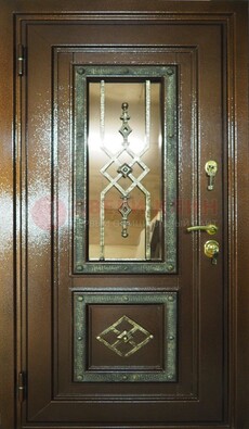 Теплая входная дверь со стеклом и ковкой разноцветной ДСК-13 в Рязани