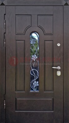 Металлическая дверь со стеклом и ковкой в цвете венге ДСК-142 в Рязани