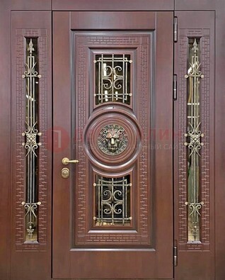 Коричневая стальная дверь со стеклом и ковкой ДСК-147 с фрамугами в Рязани