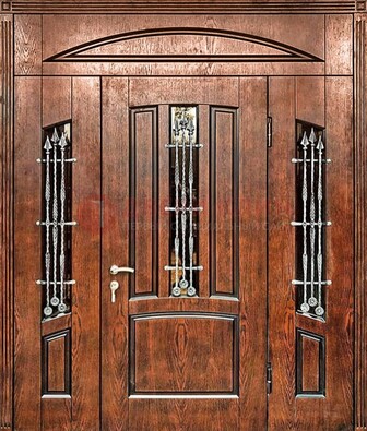 Стальная дверь со стеклом и ковкой с фрамугами ДСК-149 коричневая в Рязани