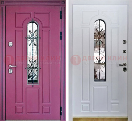 Розовая металлическая дверь со стеклом и ковкой ДСК-151 в Рязани