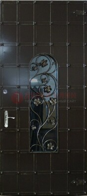 Высокая железная дверь со стеклом и ковкой ДСК-15 в Рязани