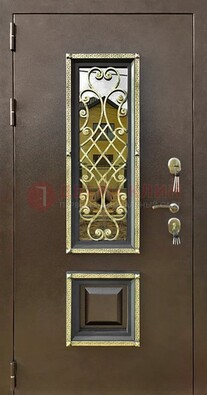 Входная дверь порошок со стеклом и ковкой для коттеджа ДСК-166 в Рязани