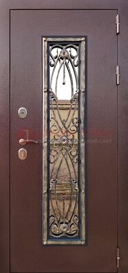 Коричневая стальная дверь порошок со стеклом и ковкой для дома ДСК-169 в Рязани