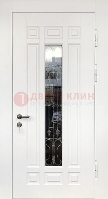 Белая стальная дверь винорит со стеклом и ковкой ДСК-191 в Рязани