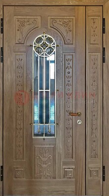 Полуторная стальная дверь стекло с ковкой и узором ДСК-200 в Рязани
