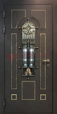Темная входная дверь Винорит со стеклом и ковкой ДСК-211 в Рязани