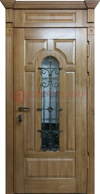 Металлическая дверь массив со стеклом и ковкой для дома ДСК-246 в Рязани