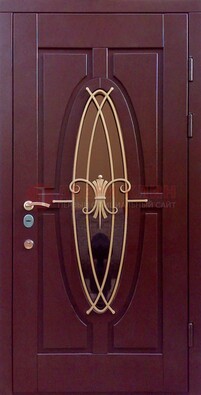 Бордовая стальная дверь Винорит со стеклом и ковкой ДСК-263 в Рязани