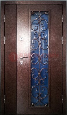 Двойная металлическая дверь со стеклом и ковкой ДСК-4 в Рязани