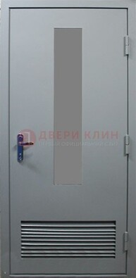 Серая металлическая техническая дверь с декоративной вставкой ДТ-14 в Рязани