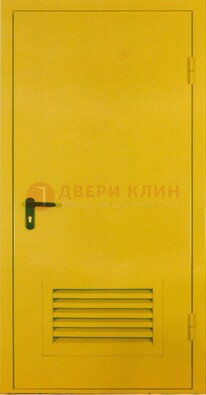 Желтая металлическая техническая дверь с вентиляционной решеткой ДТ-15 в Рязани