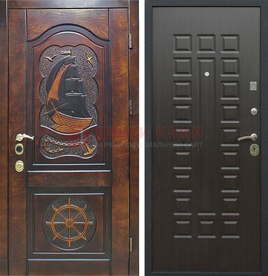 Коричневая металлическая дверь с виноритом и внутренней панелью венге ДВТ-52 в Рязани