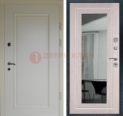 Стальная светлая дверь c МДФ Белый дуб с зеркалом ДЗ-102 в Рязани