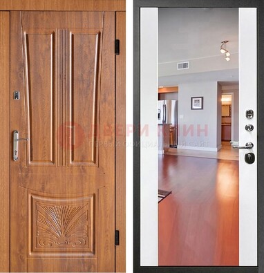 Входная коричневая дверь терморазрыв c виноритом и белая МДФ c зеркалом ДЗ-123 в Рязани