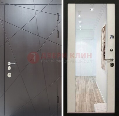 Железная коричневая дверь со светлой МДФ внутри и зеркалом ДЗ-125 в Рязани