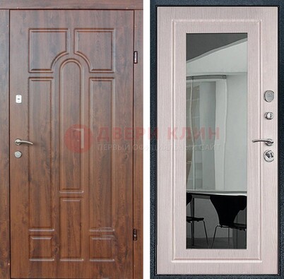 Входная коричневая дверь с МДФ Белый дуб и зеркалом ДЗ-126 в Рязани