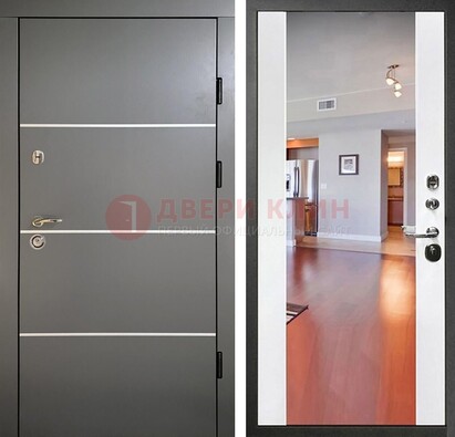 Темная коричневая входная дверь с зеркалом МДФ белая внутри ДЗ-131 в Рязани