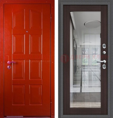 Красная металлическая дверь с МДФ и зеркалом ДЗ-136 в Рязани