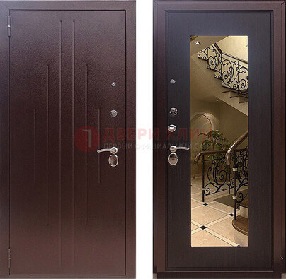 Бордовая металлическая дверь с зеркалом МДФ внутри ДЗ-17 в Рязани