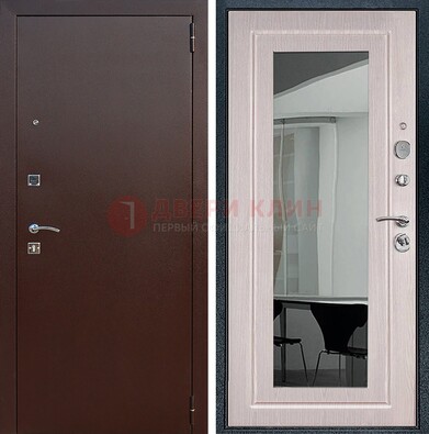 Входная дверь с порошковым напылением Медный антик/Белый дуб с зеркалом ДЗ-63 в Рязани