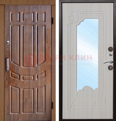 Коричневая уличная дверь c виноритом и терморазрывом МДФ Беленый дуб  с зеркалом ДЗ-97 в Рязани