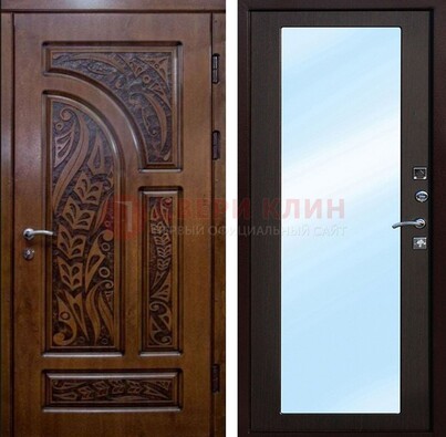 Коричневая входная дверь c узором и виноритом МДФ с зеркалом ДЗ-98 в Пскове