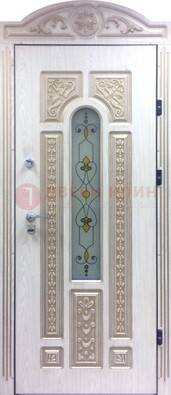 Белая железная дверь с МДФ и витражом ВЖ-26 в Рязани