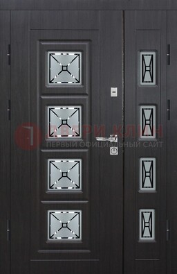 Чёрная двухстворчатая железная дверь с МДФ и витражом ВЖ-35 в Рязани