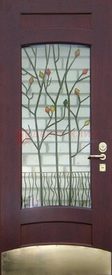 Бордовая стальная дверь с витражом и декоративным элементом ВЖ-3 в Рязани